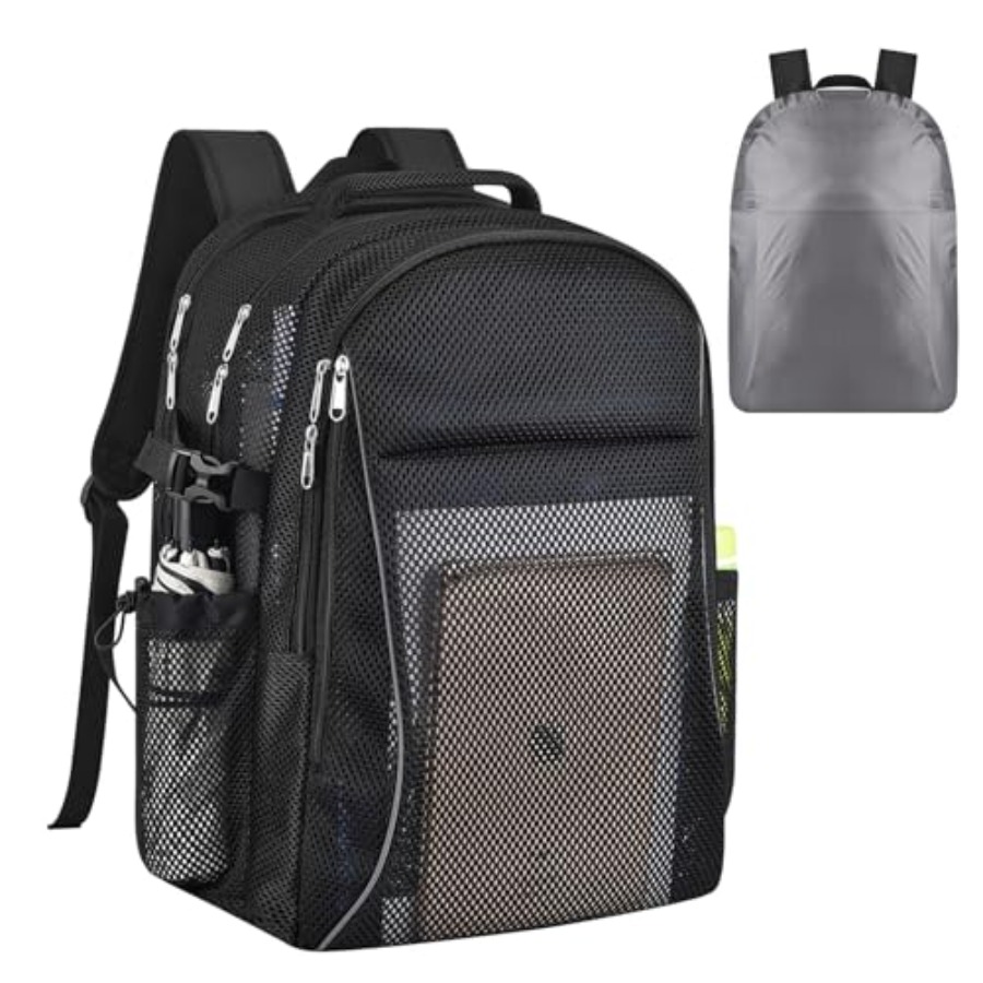 Rain Cover Backpack - กระเป๋าเป้ตาข่ายขนาดใหญ่พิเศษสำหรับผู้ใหญ่ กระเป๋าเป้สะพายหลังแบบกึ่งโปร่งใสพร้อมผ้าคลุมกันฝนสำหรับโรงเรียน ชายหาด และการเดินทาง